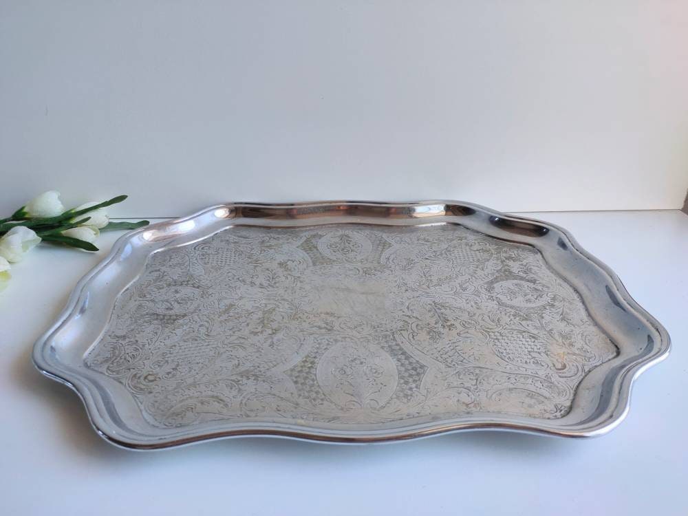 Français Plateau de Service Grand Plaqué Argent Vintage, 19, 8 «/50, 4 cm Long, Bien Utilisé avec De