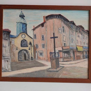Modernist style, oil on board painting of French country town / village with church, framed and signed, circa mid century.