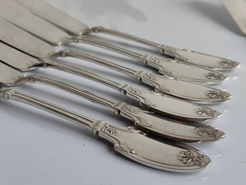 Sagliers Frére Paris, Français Ensemble Antique de 6 Couteaux Poisson Plaqués Argent, avec Timbres e