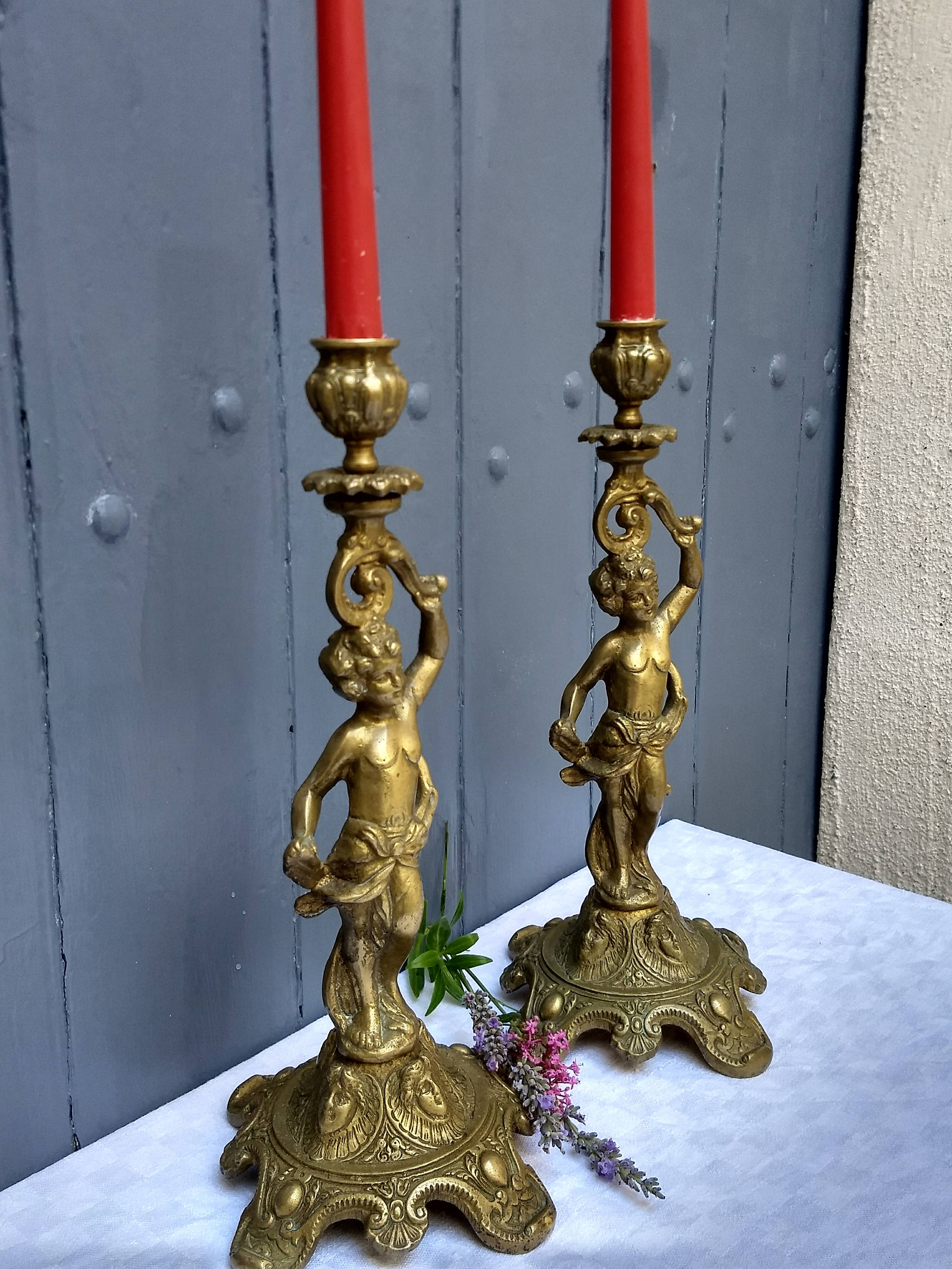 Französisch antike paar große Messing Kerzenständer ...