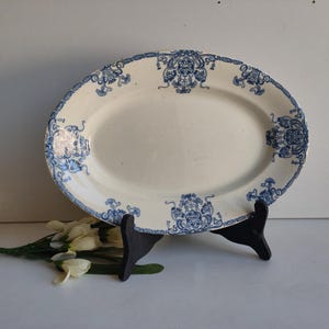 French antique, large oval ironstone serving platter, blue floral design circa late 1800s.