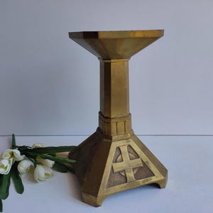 French antique / vintage bronze church candle holder / stick with crosses and aged patina.