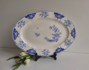 Français vintage, TRÈS grand plateau ovale en pierre de fer Gien, design bleu de style oriental, milieu du siècle, vers les années 1940/1950.