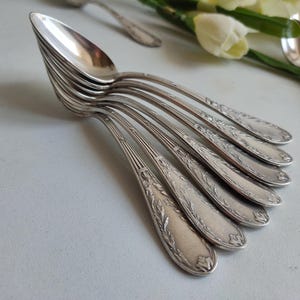 May include: A collection of silver spoons with ornate floral designs on the handles. The spoons are arranged in a fan shape, showcasing their polished surfaces. A few white flowers are visible in the background, adding a touch of elegance.