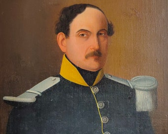 French antique, large portrait, oil on canvas, of military gent with moustache.