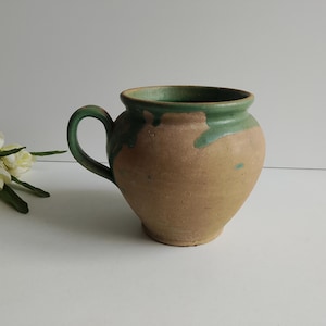 French antique, terracotta glazed pot, green with handle, olive oil  /confit pot / jug.