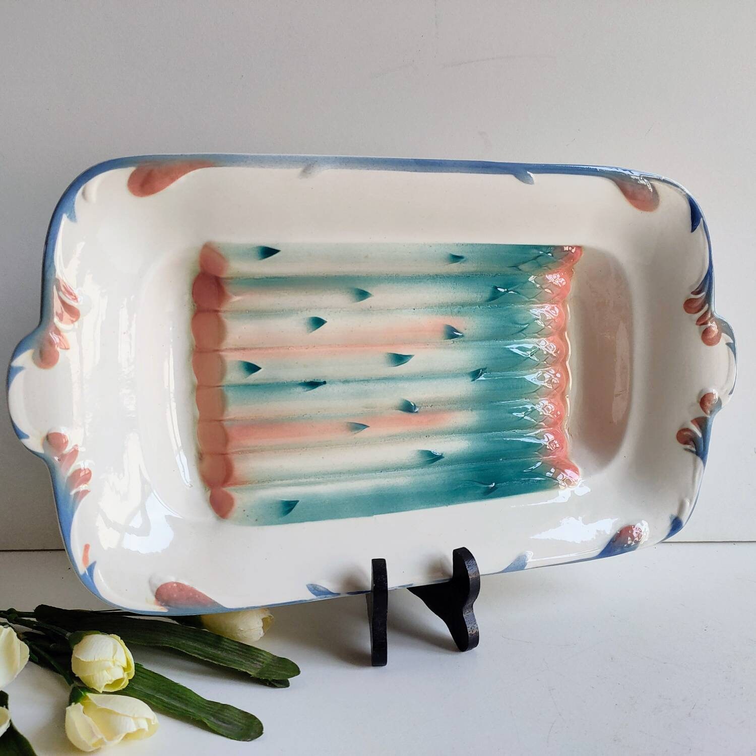 Grande Assiette/Plateau Passoire d'asperges Digoin Sarreguemines Français Millésimes, Vers Les Année