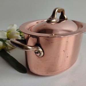 French vintage oval copper casserole with lid, made in France.