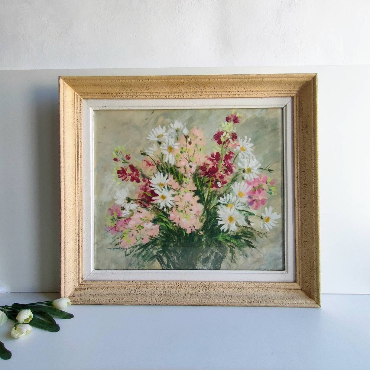 Grande Français Vintage Marguerite Couy Peinture Originale à La Gouache de Fleurs, Signée Encadrée e