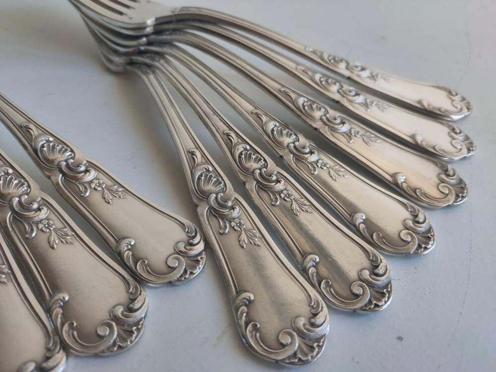 Ensemble de 6 Français Fourchettes à Dîner Plaquées Argent Antiques, Art Nouveau, Design Louis Xv, J