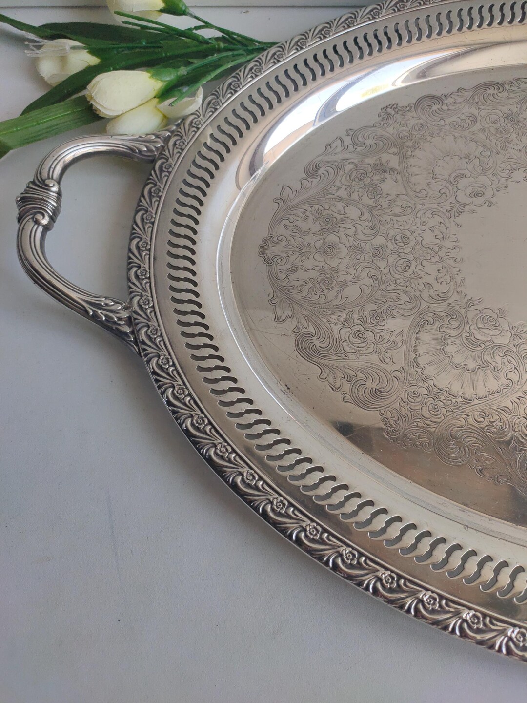 French Vintage Silver Plated Large Oval Serving / Butlers Tray ...