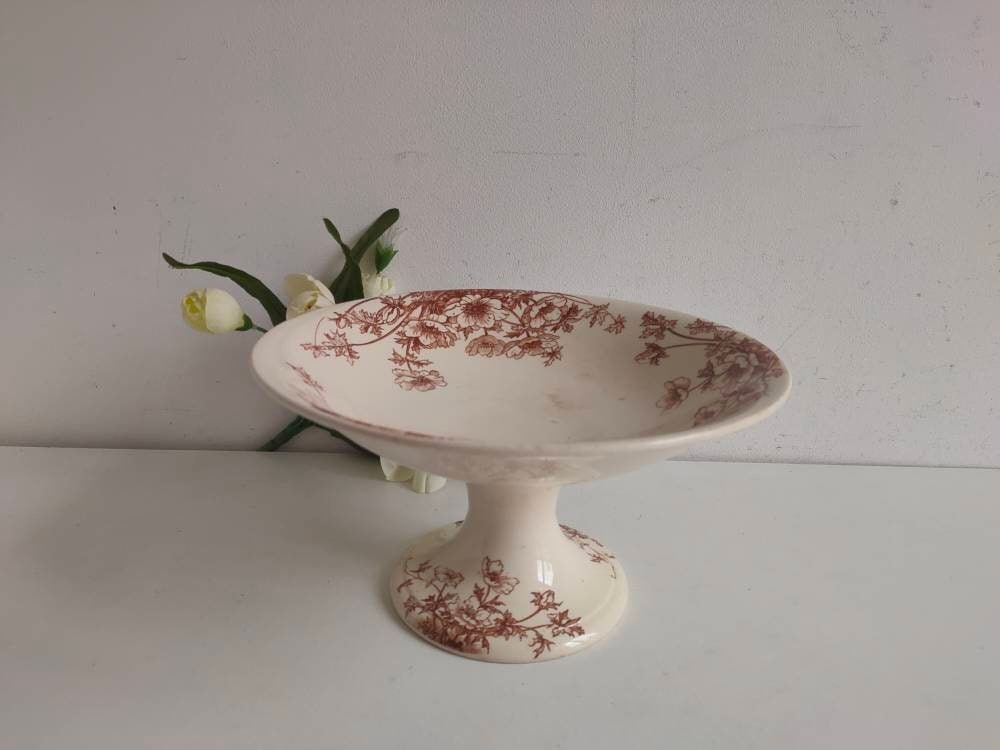 Français Antique Ironstone Compotier/Fruit Plat avec de Charmants Timbres Anémone Design et Maker, V
