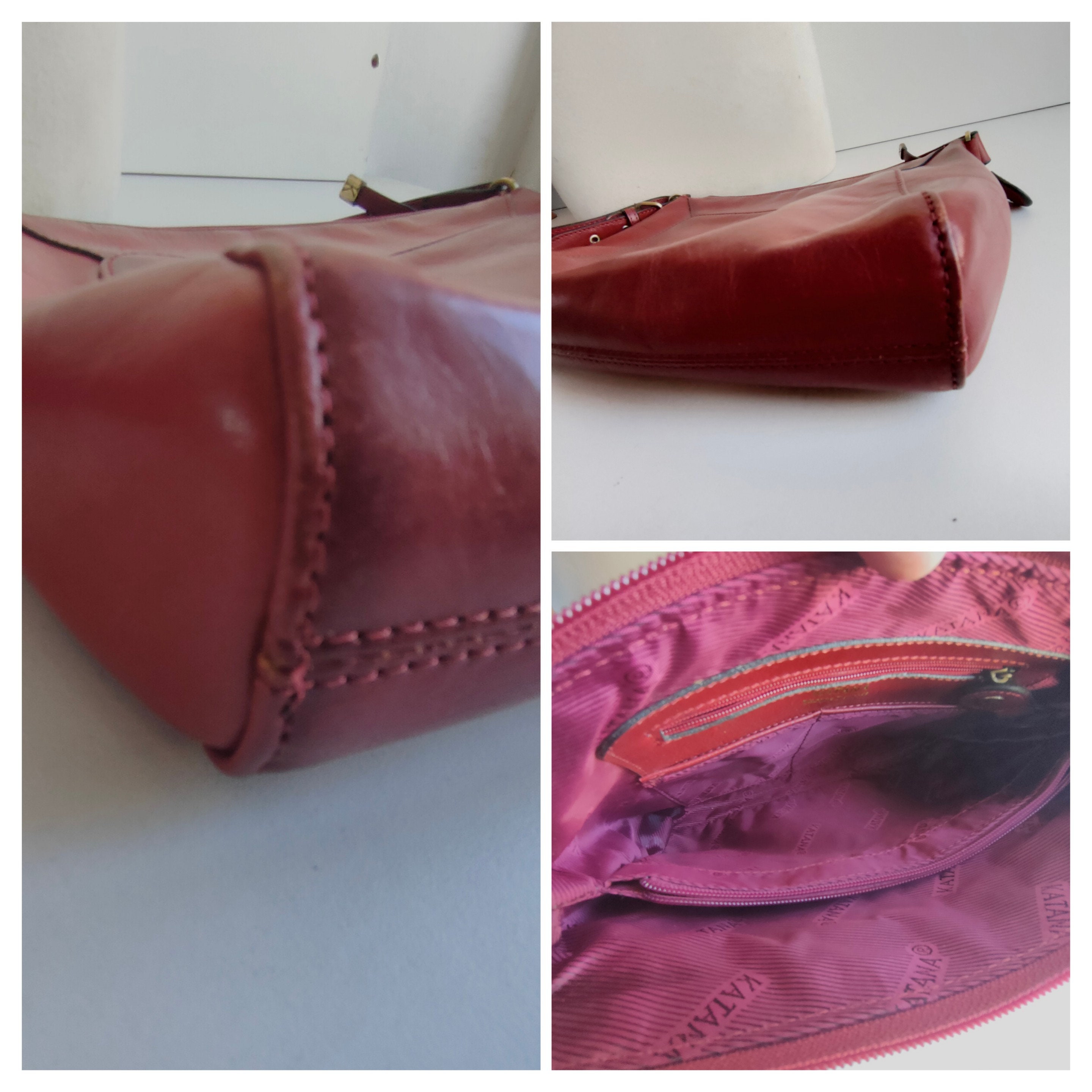 カタナ KATANAフランス製レッド赤レザー ワンショルダーバッグ ヴィンテージ French Vintage Red Wine Coloured Leather Shoulder Bag