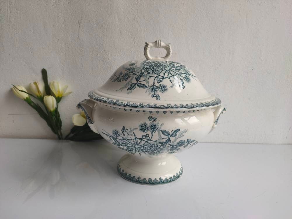 Français Antique, St Amand Margot, Tureen de Soupe Lidded en Pierre Fer Motif Vert Marchandises Tran