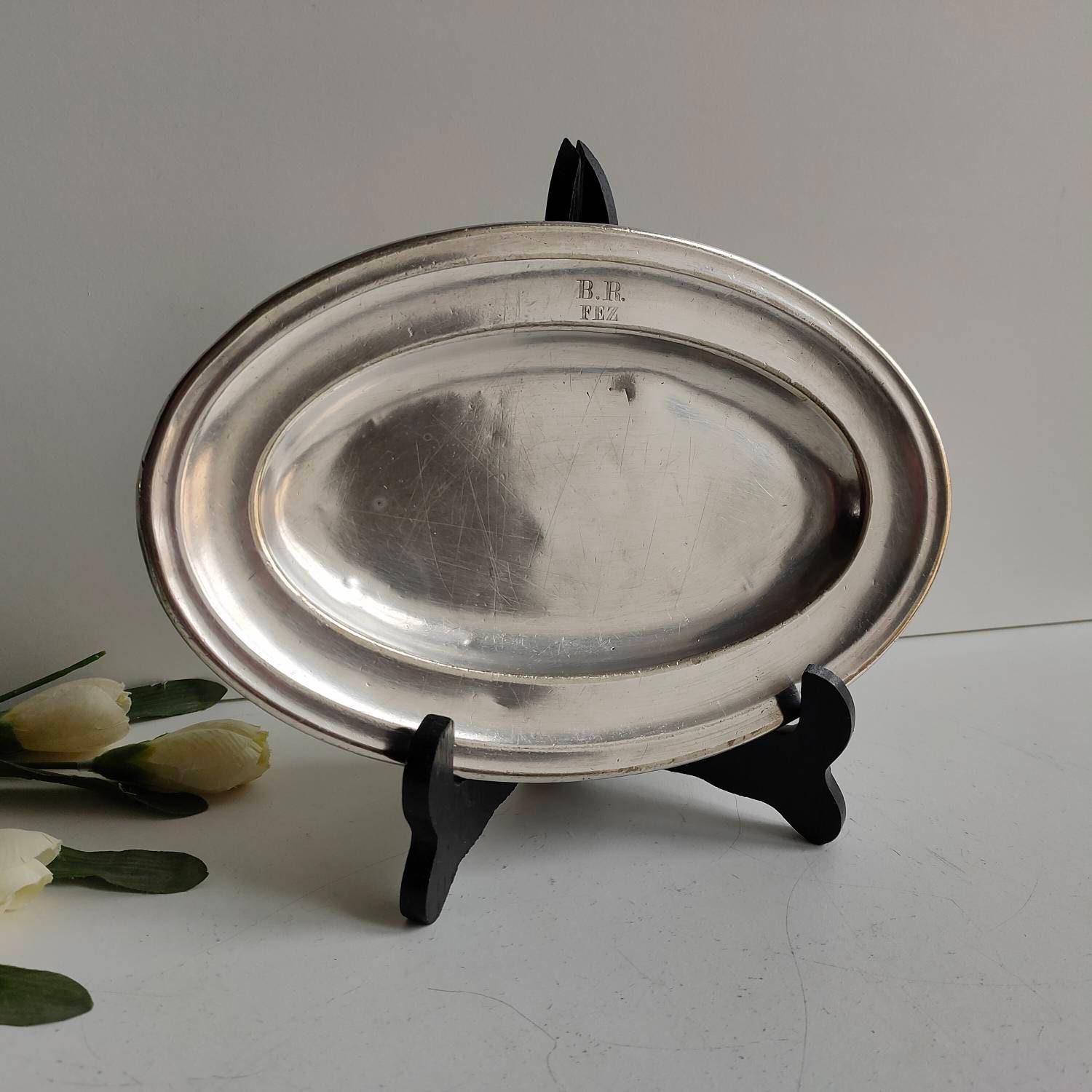 Petit Plateau Ovale, Hôtel B R Fez Christofle avec Monogramme d'hôtel et Timbres, Vers 1916.