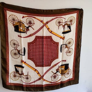 Vintage French ladies silk scarf, hand rolled edge, equestrian themed.