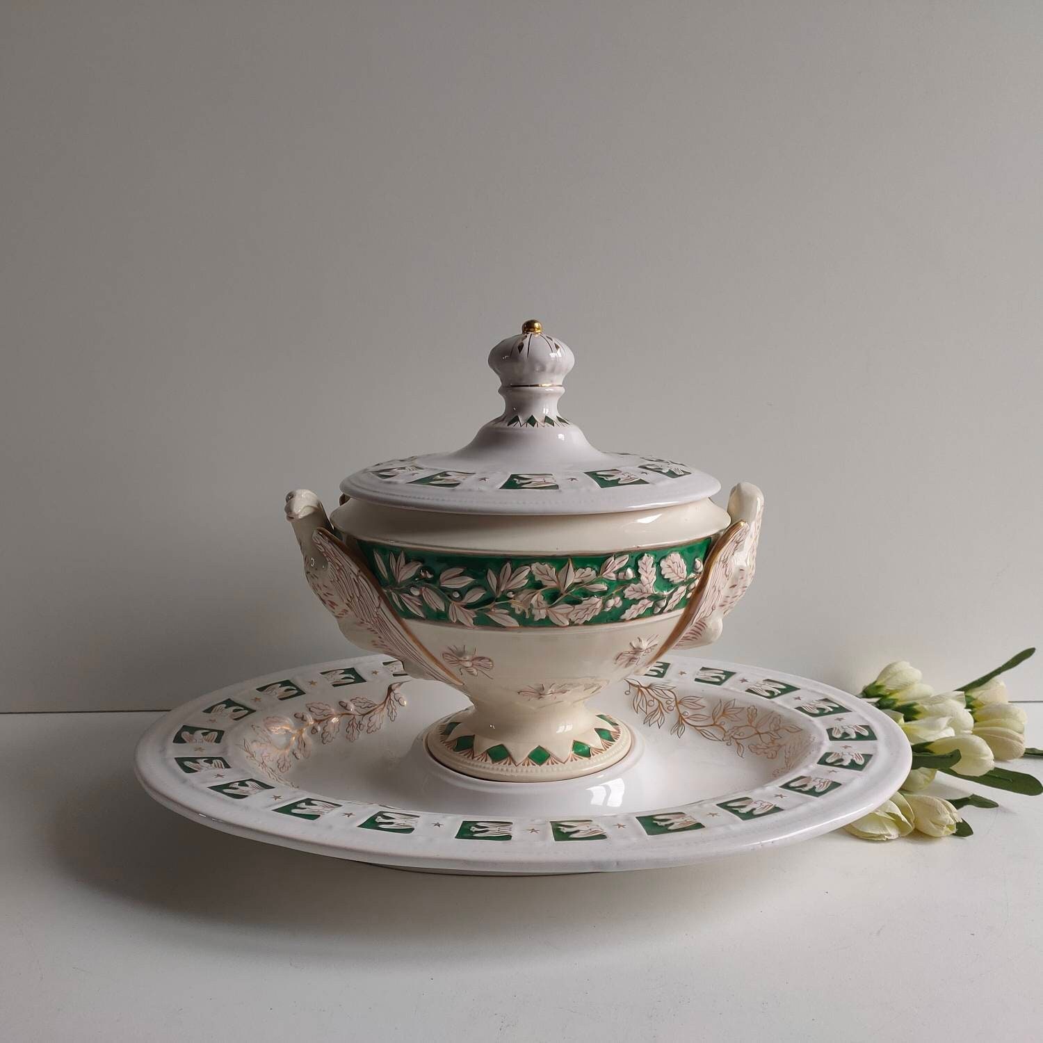 Grand et Lourd, Napoléon 1Ère Tureen Plateau, Français Millésime, avec Des Abeilles en Relief Emblèm