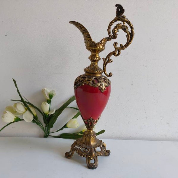 French antique garniture vase/ ewer, Louis XV / Art Nouveau style with ceramic jug body and gold metal ornate foot and trims, circa 1900.