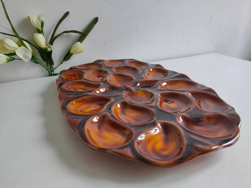 Extra Grand, Rare et Français d'huîtres Majolica Vintage en Orange Brûlé, 18 Espaces d'huîtres, Serv