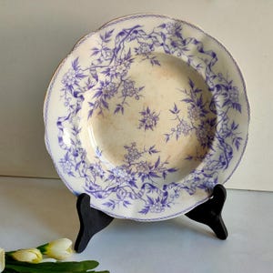 French antique, Sarreguemines round ironstone serving dish, lavender transfer ware with Epine model circa 1900.