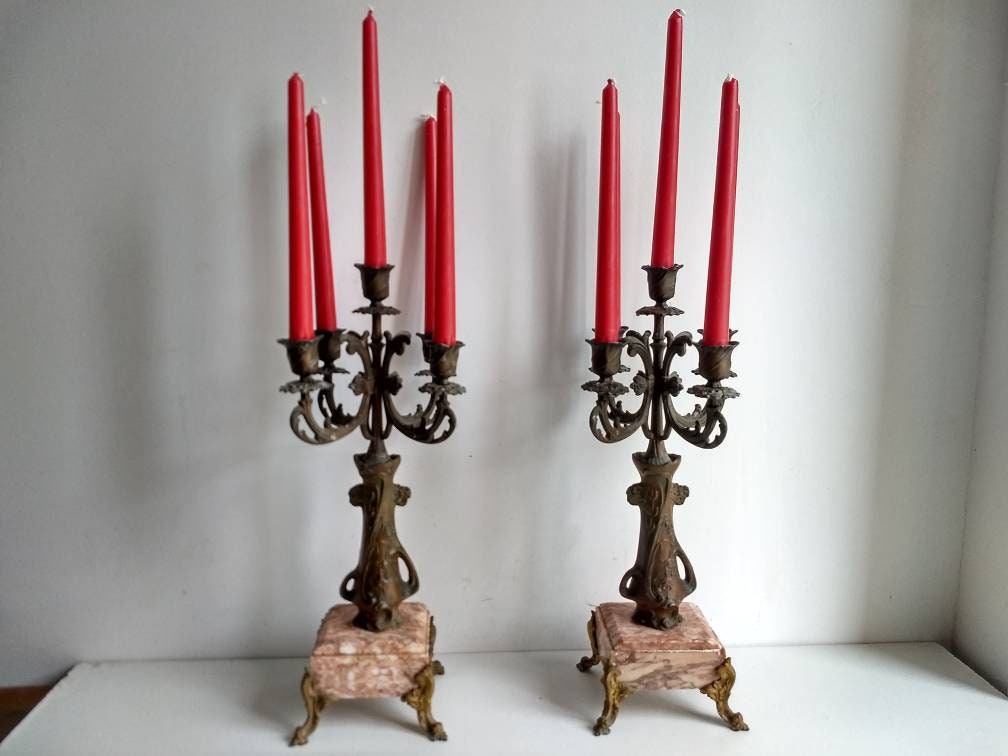 Français Paire Antique de Candélabre, Bases Marbre, Très Lourd et Décoratif, Vers 1900.