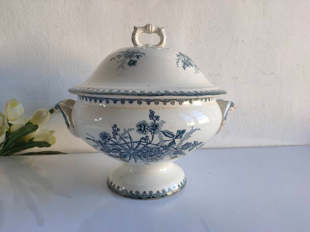 Français Antique, St Amand Margot, Tureen de Soupe Lidded en Pierre Fer Motif Vert Marchandises Tran
