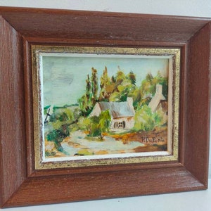 French vintage oil on board painting of French country scene, Impressionist style, signed and framed.
