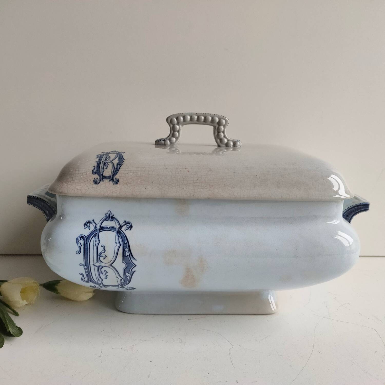 Français Antique Lidded Tureen/Soupiere, Bleu avec Monogrammes Foncé R D, Vermont Blanchet Paris, Ve