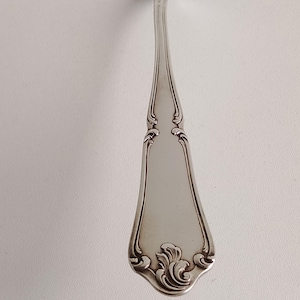 May include: Close-up of a silver spoon with ornate floral and scroll detailing. The spoon's handle tapers to a narrow neck, widening to a decorative, symmetrical bowl. The spoon is likely vintage or antique, with a classic design.