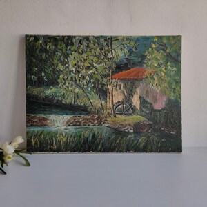 Vintage oil on canvas painting of water mill / moulin, signed by the artist, circa mid century.