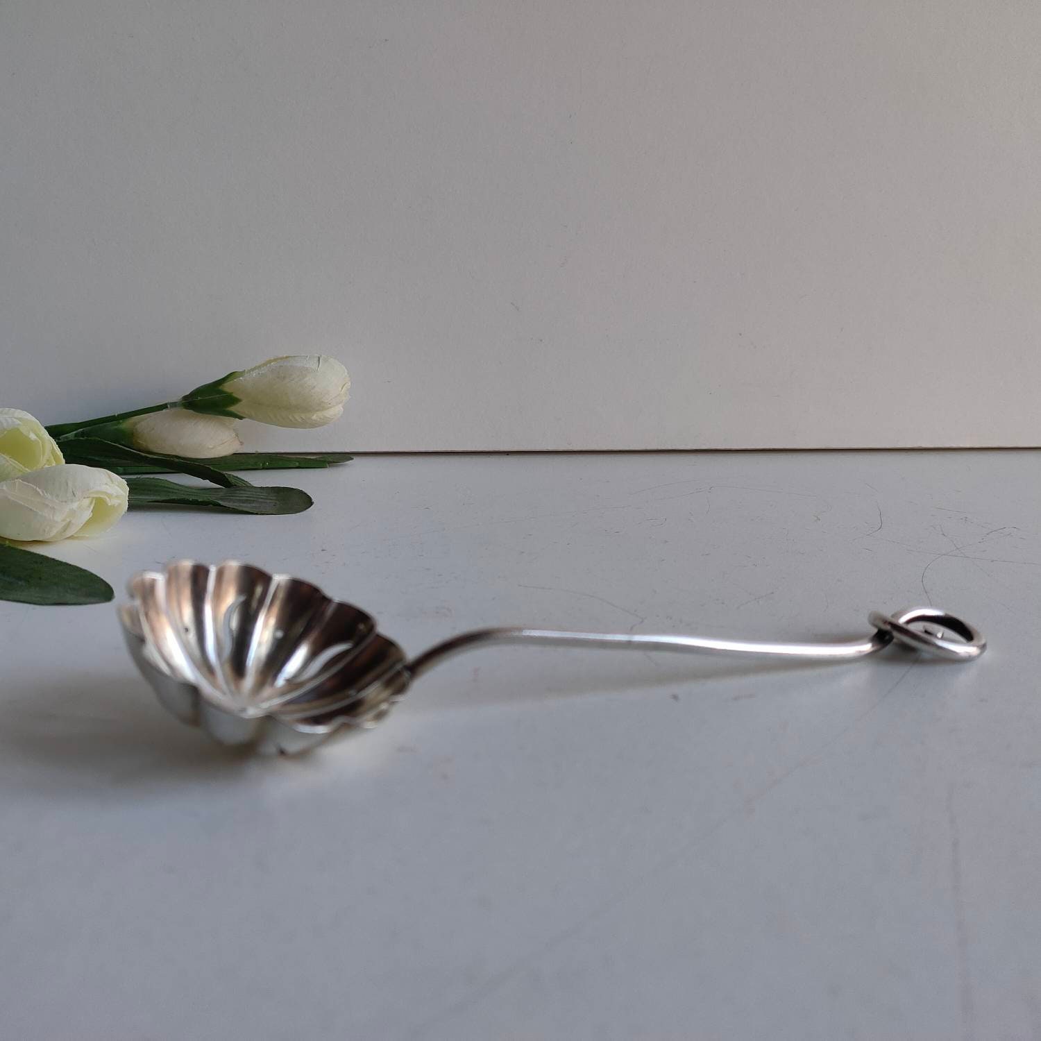 Français Cuillère à Sucre Plaquée Argent Antique/Tamis Fruits, Manche Recourbé, Dessin de Travail Pe