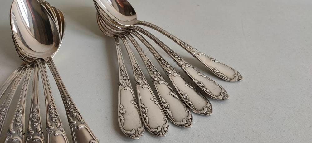 Français Ensemble Antique de 6 Louis Xv, Chambly Sfam Grand/Cuillères, Argent Plaqué Dans Un Design 