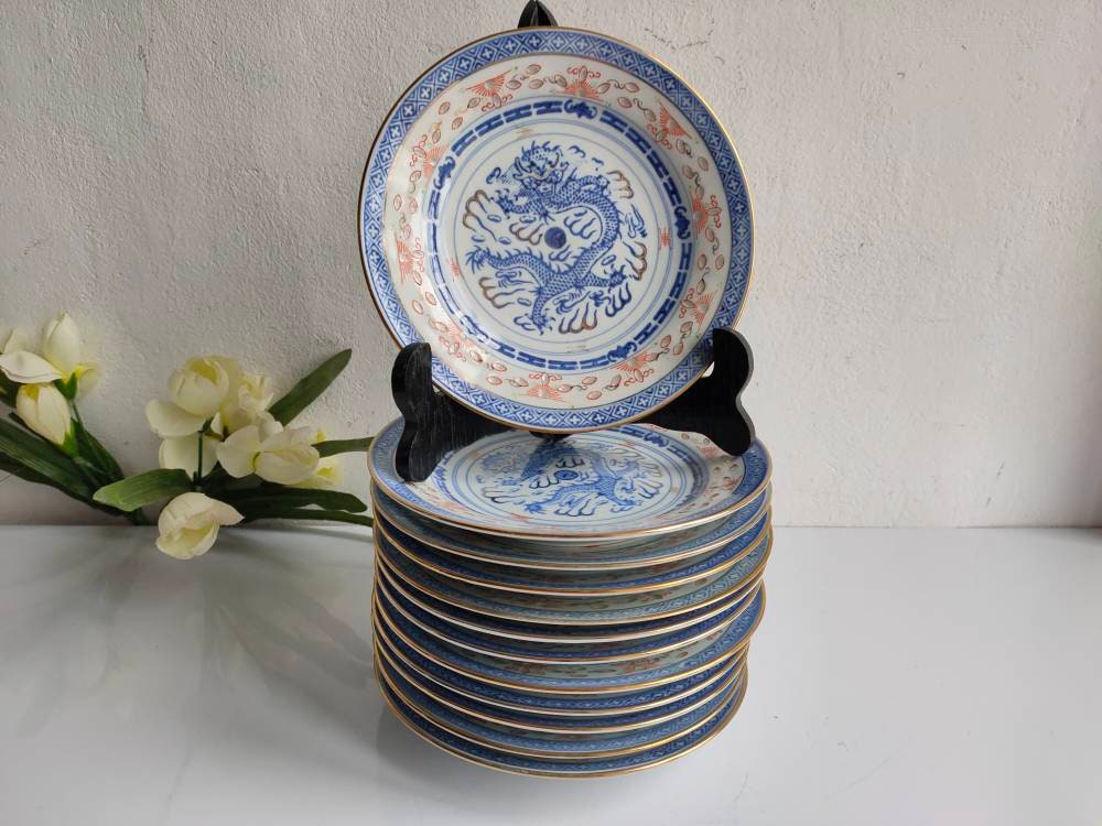 Paire de Motif de Riz Chinois Porter Petites Assiettes, Conception Dragon, Bleu sur Porcelaine Blanc