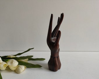 Vintage wooden hand, ring / jewelry stand,Eastern / Oriental / Thai / Buddha style with tapered fingers and fine detailing.