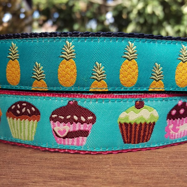 House Collar - Whippet, Greyhound, Iggy, small to large dog - 1" width - Adjustable Tag Collar - Pineapples & Cupcakes