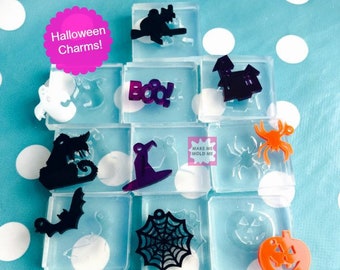 Silicone Mold Halloween Charms - Moulds Resin Crafter Jewellery Cat Witch Pumpkin Spider Web Ghost GM18