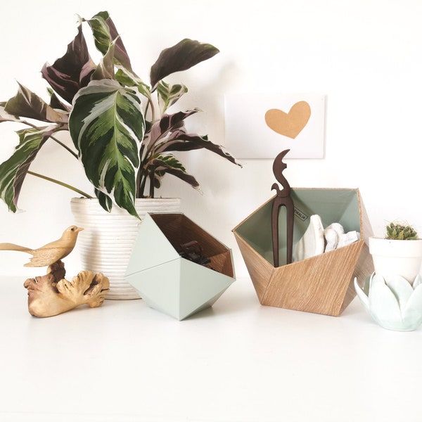 Boîtes origami chêne scandinave et vert amande - Leewalia - vide poche - paniers - rangement - boîtes en carton bois - boîtes à bijoux