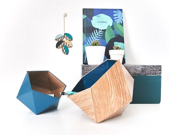Boîtes origami chêne scandinave et bleu pétrole - Leewalia - vide poche - paniers - rangement - boîtes en carton bois - boîtes à bijoux