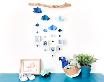 Mobile mural NUAGES camaïeu de bleu à personnaliser - Leewalia - chambre enfant bébé - bois flotté - naissance - décoration murale