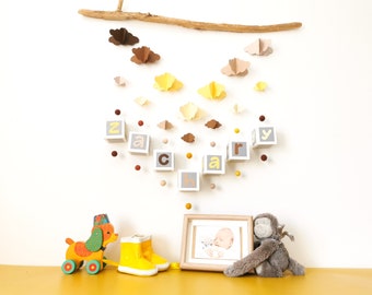 Yellow, beige and brown CLOUDS wall mobile to personalize - Leewalia - baby children's room - driftwood - birth - wall decoration