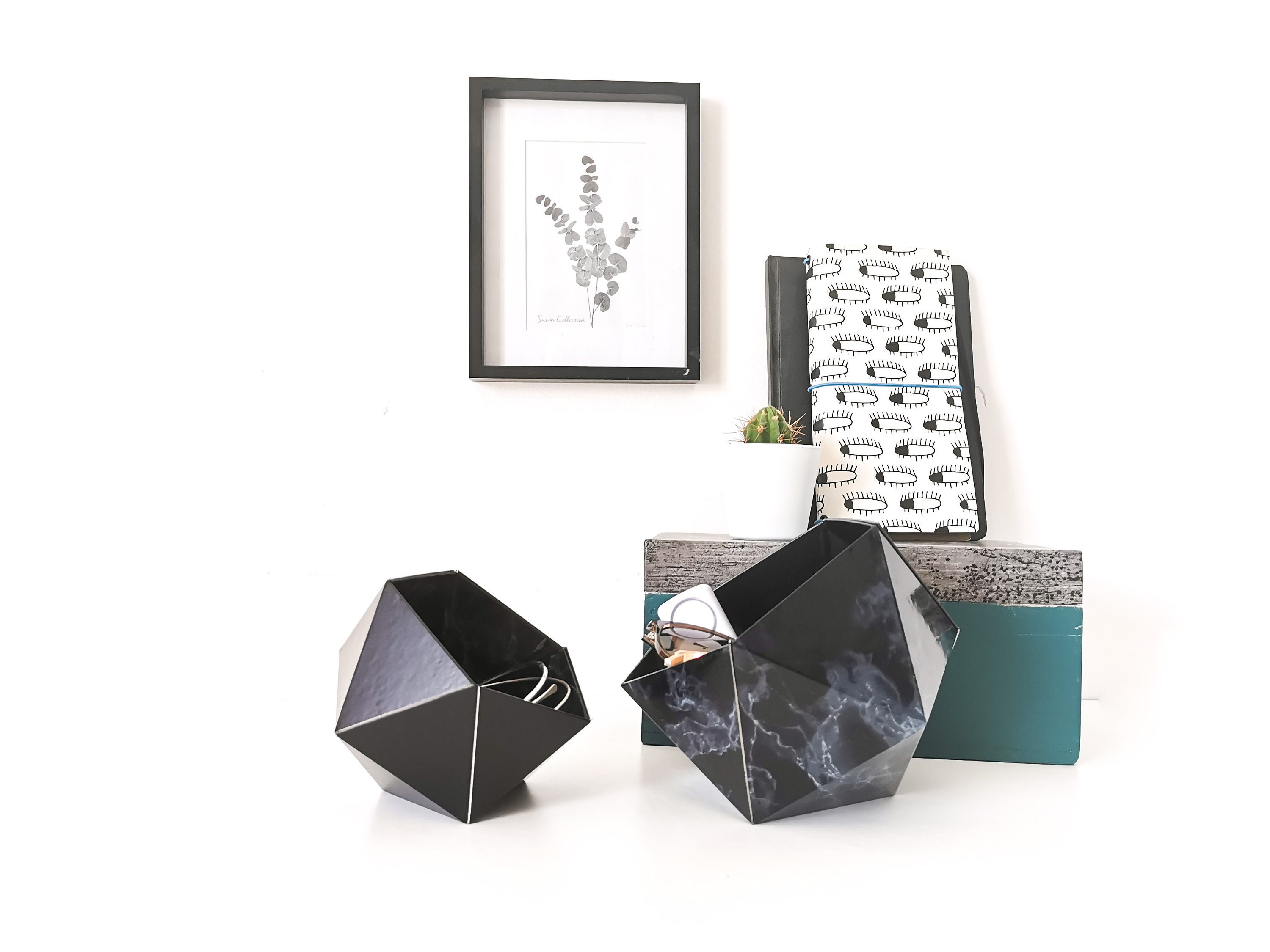 Boîtes Origami Marbre Noir et - Leewalia Vide Poche Paniers Rangement Boîtes en Carton Bois à Bijoux
