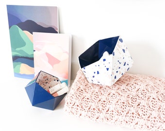Boîtes origami Terrazzo Néo et bleu marine - Leewalia - vide poches - rangement - boîtes en carton - boîtes en bois - boîtes à bijoux