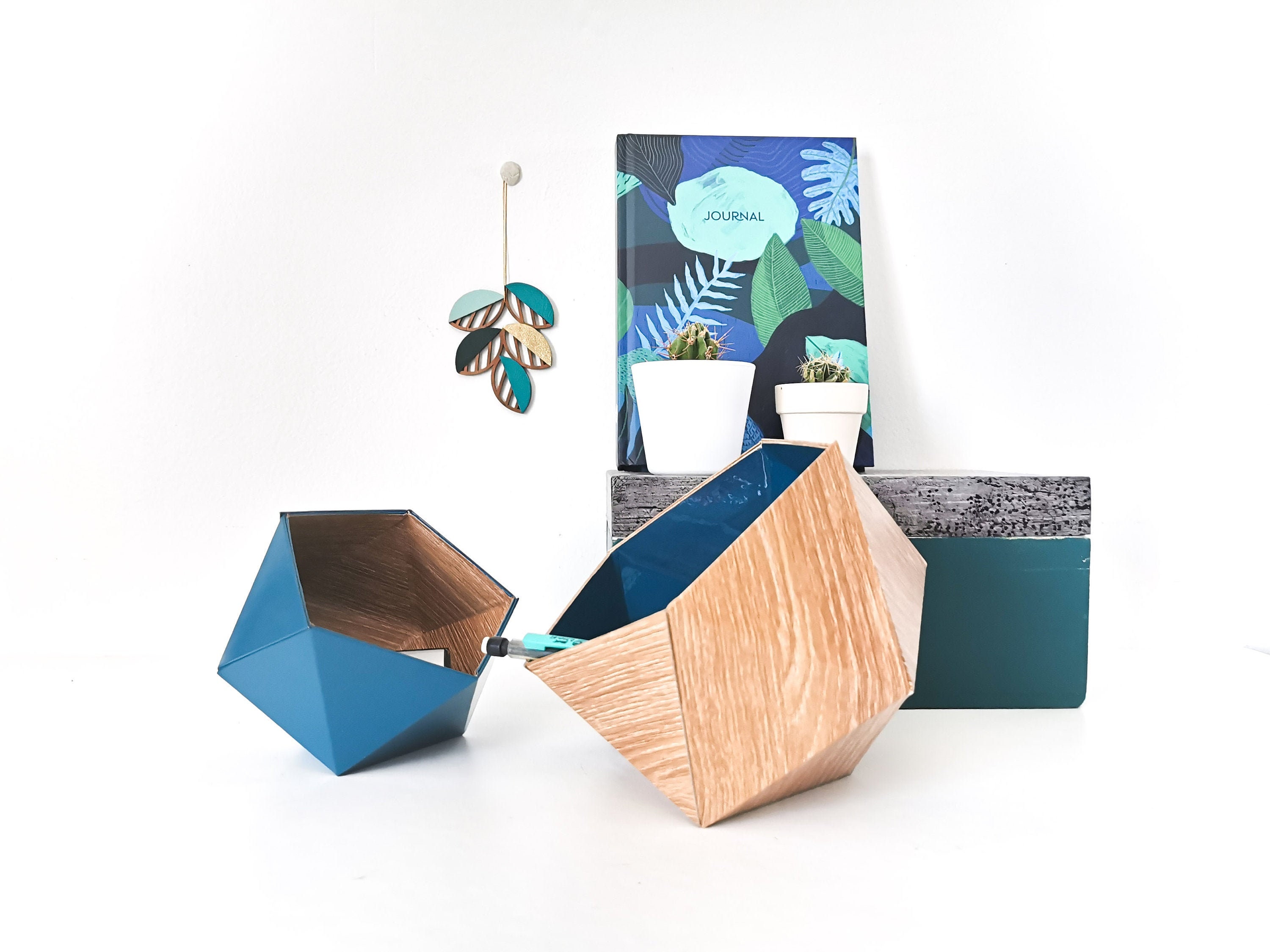 Boîtes Origami Chêne Scandinave et Bleu Pétrole - Leewalia Vide Poche Paniers Rangement Boîtes en Ca