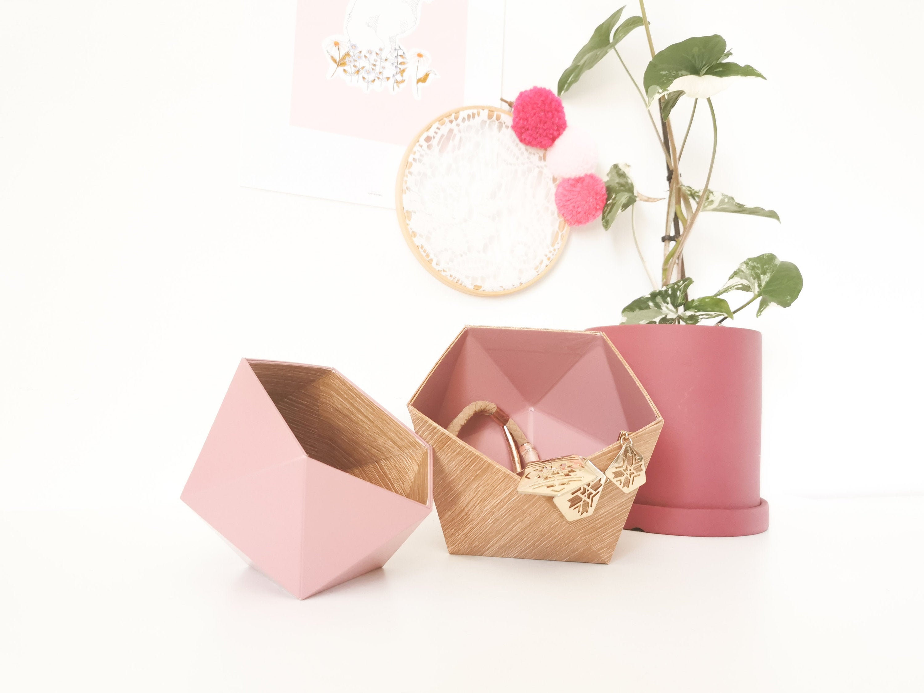 Boîtes Origami Chêne Scandinave et Vieux Rose - Leewalia Vide Poche Paniers Rangement Boîtes en Cart