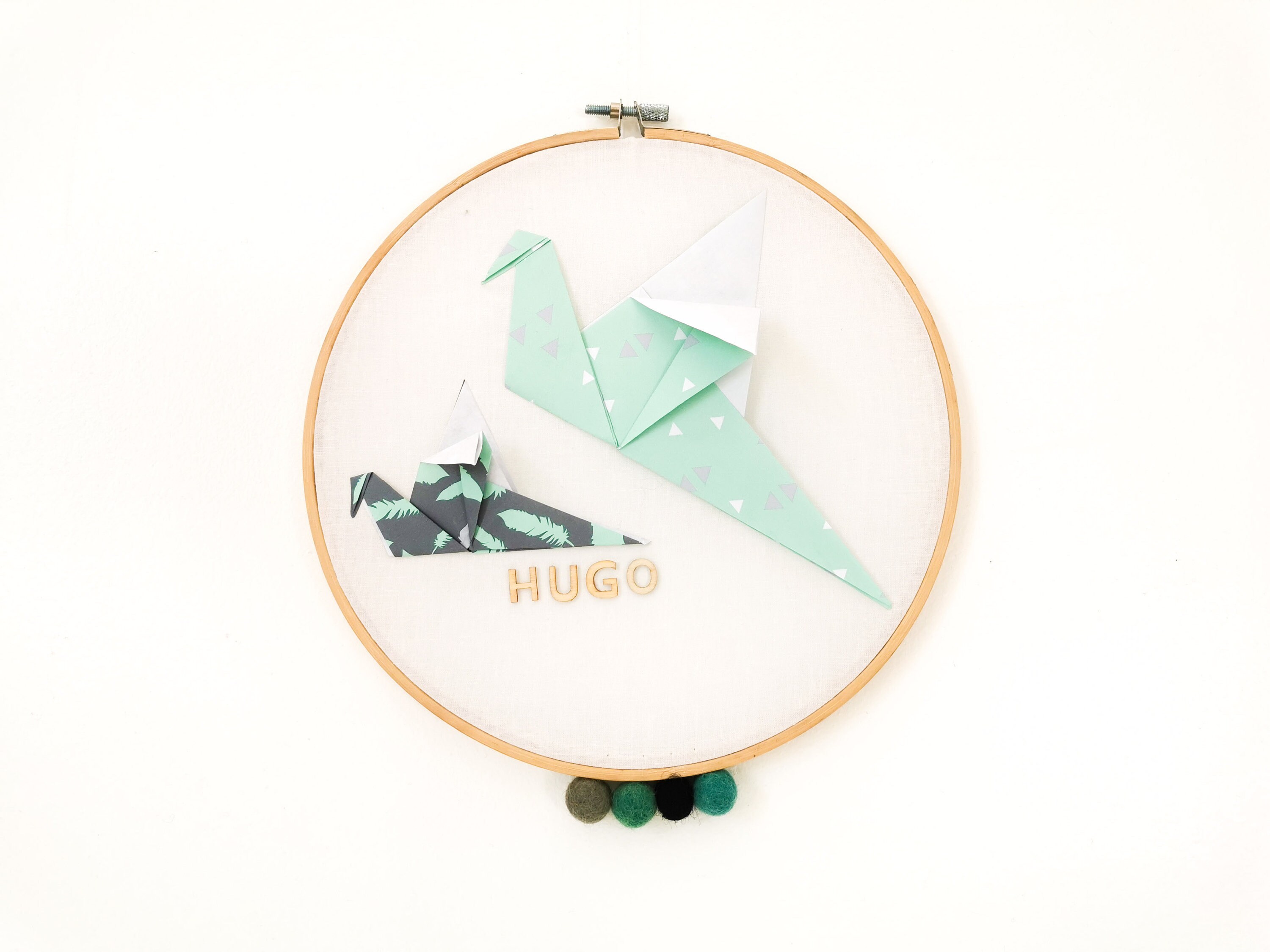 Tambour Oiseaux Vert d'eau et Gris - Leewalia Décoration Chambre Bébé Enfant Déco Murale Prénom à Pe