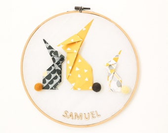 Yellow and gray RABBITS drum - Leewalia - baby child bedroom decoration - wall decoration - first name to personalize - birth - origami