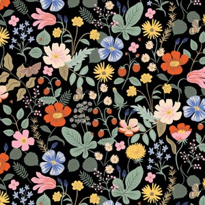Rifle Paper Co Strawberry Fields, Rifle Paper Company Strawberry Fields Black, Rifle Strawberry Fields Black Fabric Floral