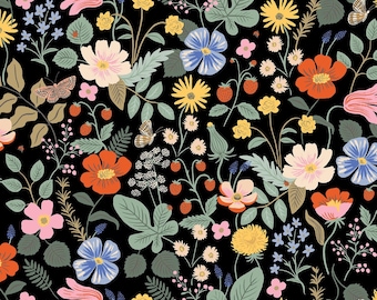 Rifle Paper Co Strawberry Fields, Rifle Paper Company Strawberry Fields Black, Rifle Strawberry Fields Black Fabric Floral