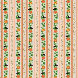May include: A patterned fabric featuring vertical stripes in orange and beige. The design includes repeating columns of green vines with orange jack-o'-lanterns and black crows, alternating with columns of gold crescent moons and stars.