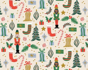 Rifle Paper Company Christmas Classic II Fabrics Deck the Halls Cream Metallic Holiday Fabric, Rifle Paper Holiday, Rifle Paper Co